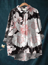 Women's Beautiful Abstract Large Flower Painting Art Print Casual Cotton And Linen Ruffle Shirt